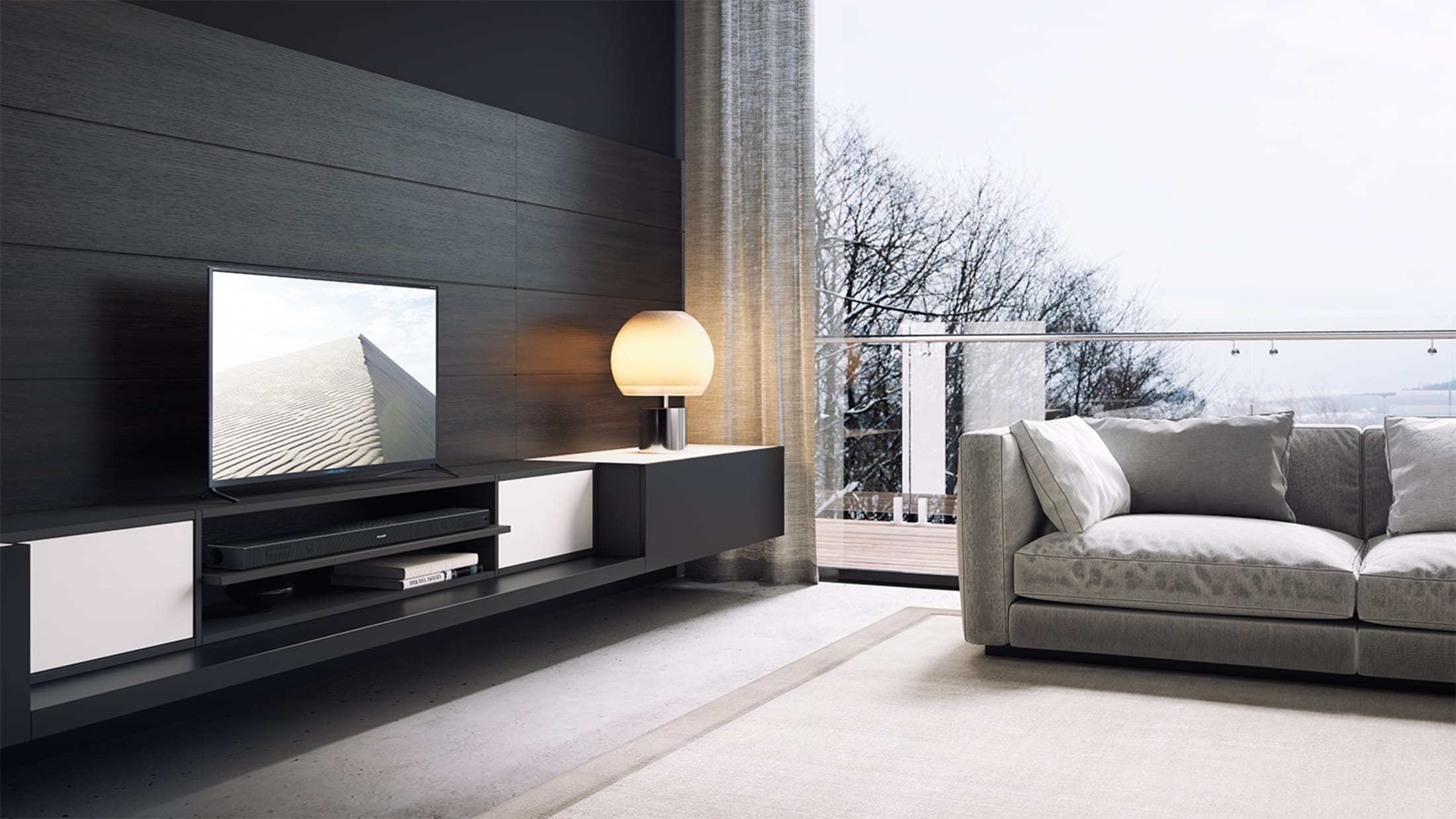 2.1 All-in-One Slim Soundbar with built in Subwoofer, 220 W, Wi-Fi Multiroom and virtual 3D sound. Suitable for 49 inch TV and above.