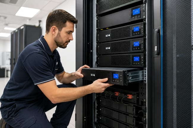 Technician working in server room