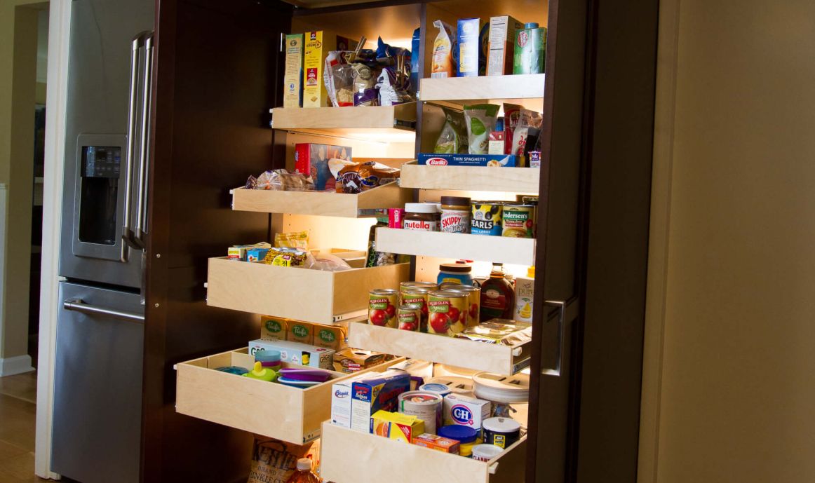 Pantry with glide-out shelves installed