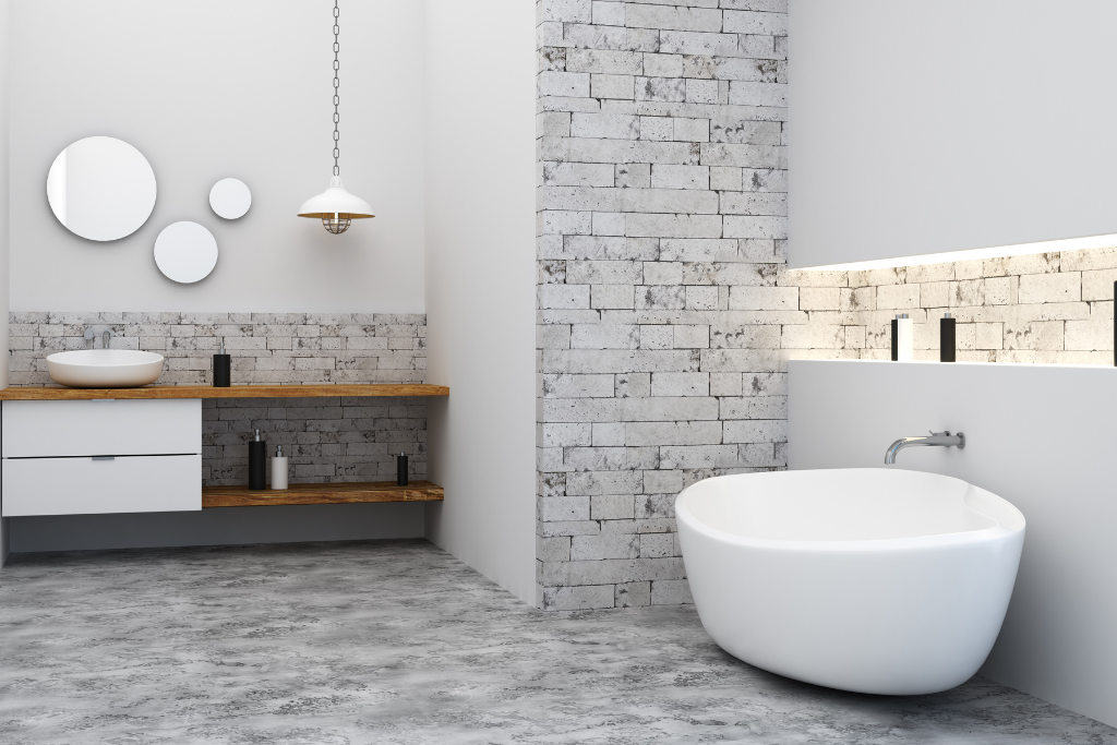 Wood shelves and white drawer bathroom vanity set.