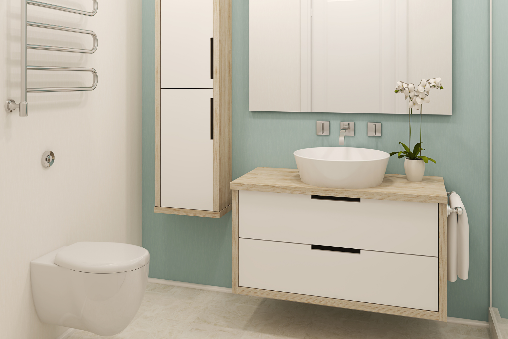Wood and white mounted bathroom vanity set.