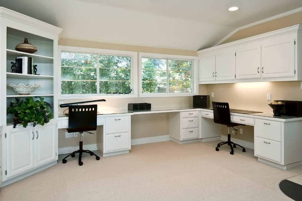 Home office with L-shaped desk for two.