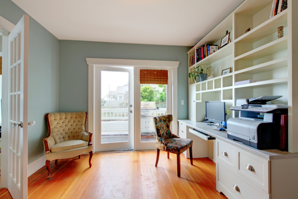 Home office with shelving.