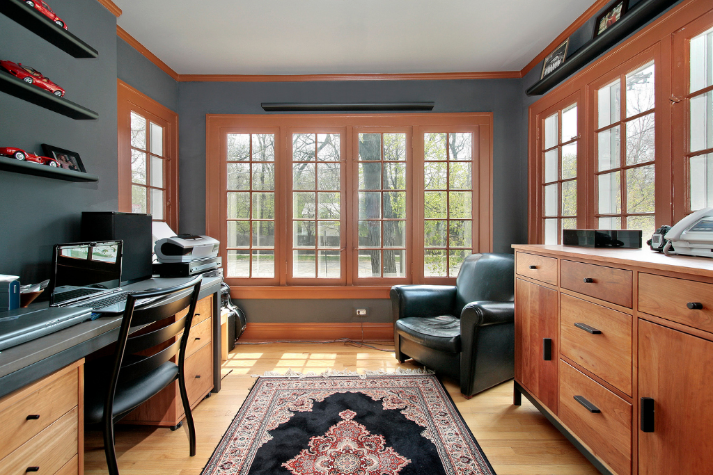 Office with natural lighting from windows.