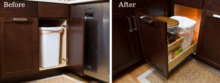 under sink, trash, before and after, kitchen organization, kitchen drawers