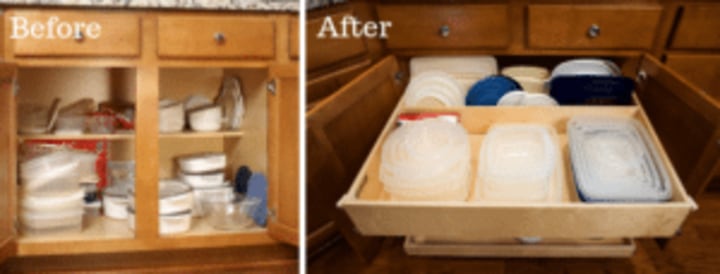 Tupperware, before and after, kitchen cabinets, kitchen storage