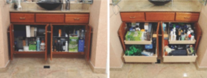 before after, under sink, bathroom cabinets, bathroom organization