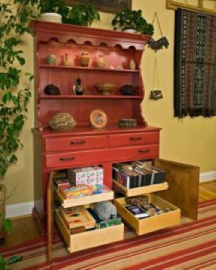 curio cabinet, retrofit drawers, gameroom