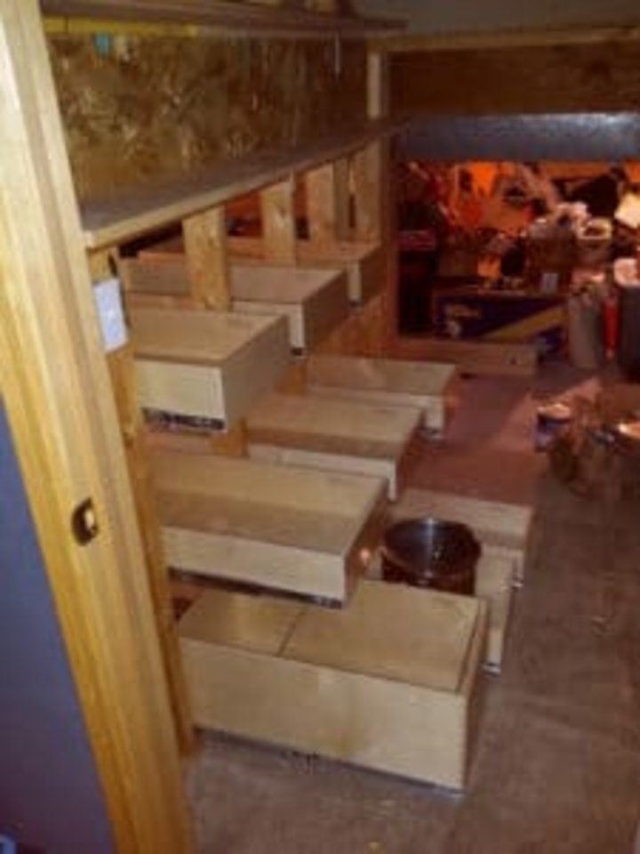 basement, basement storage, basement shelves