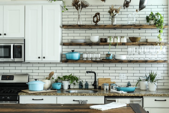 Kitchen with Open Shelves to make a small kitchen look bigger