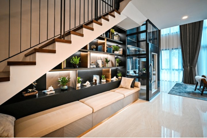 built-in-bookshelf under stairs