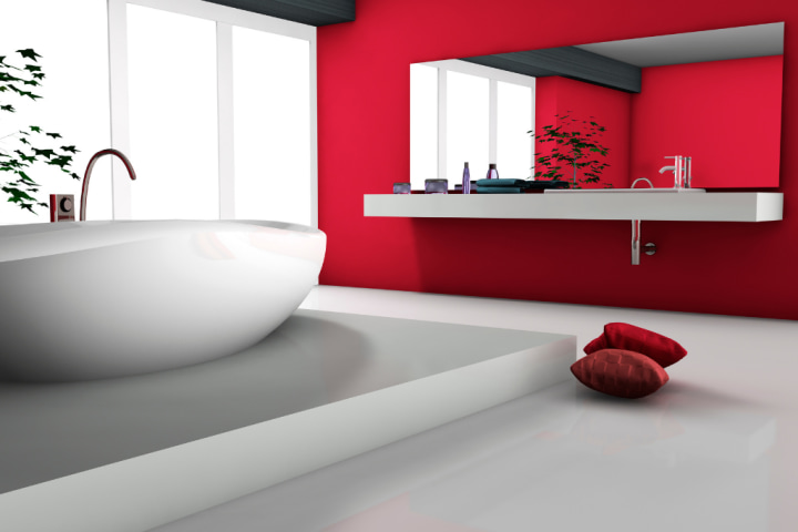 Long white shelf vanity for bathroom, with red wall.