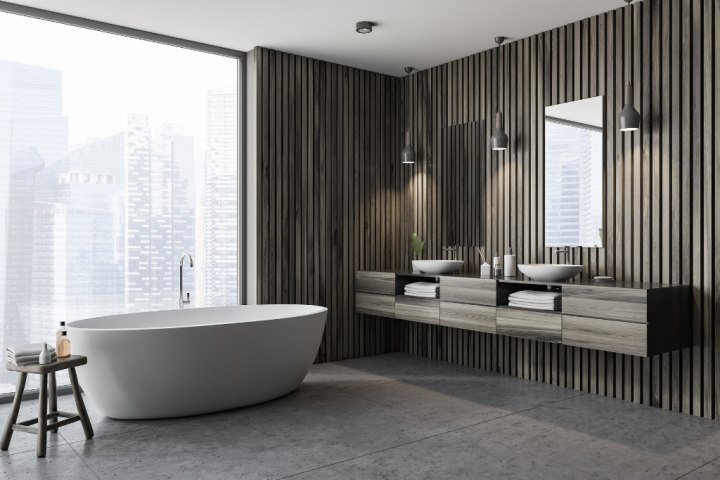 Modern, natural wood finish vanity with drawers and surface sinks. 