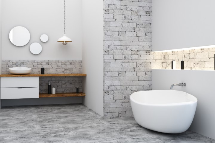 Wood shelves and white drawer bathroom vanity set.