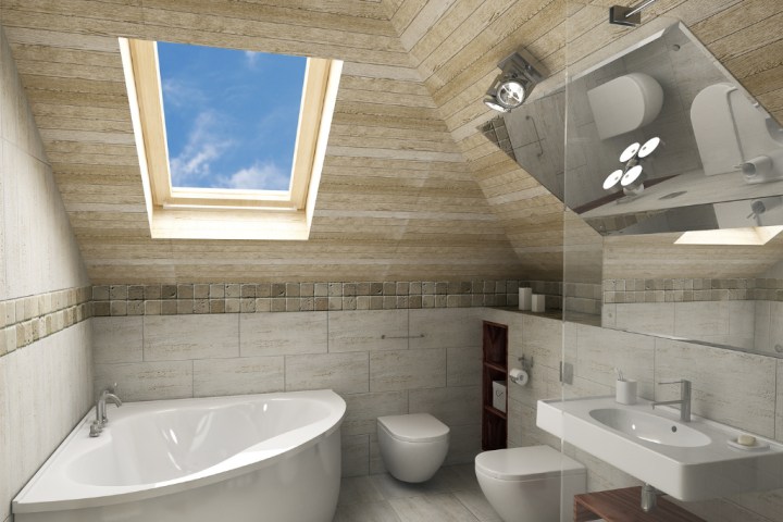 Attic-space bathroom vanity set.