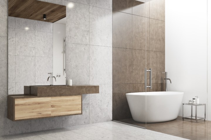 Neutral-colored bathroom vanity set from mounted shelf units. 