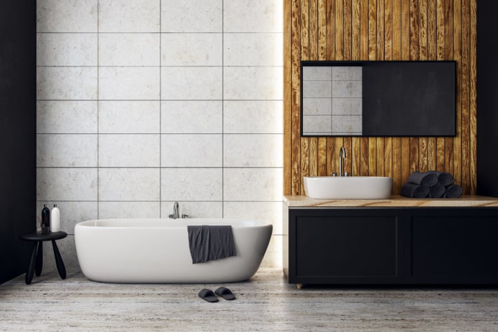 Console bathroom vanity set in black, wood and white.