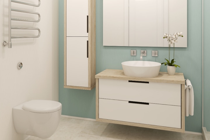 Wood and white mounted bathroom vanity set.