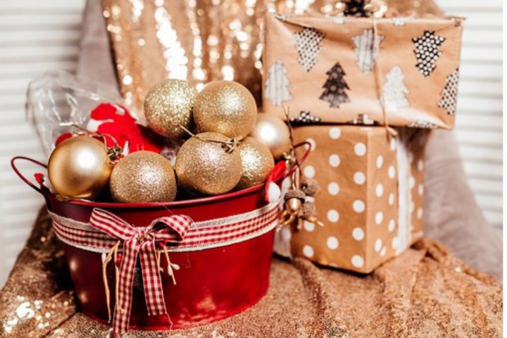 Christmas decorations and painted bucket