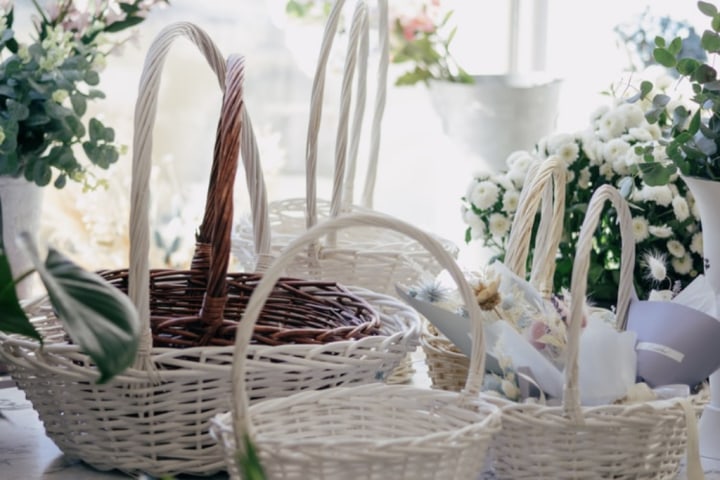 Painted wicker baskets as toy storage ideas for small spaces