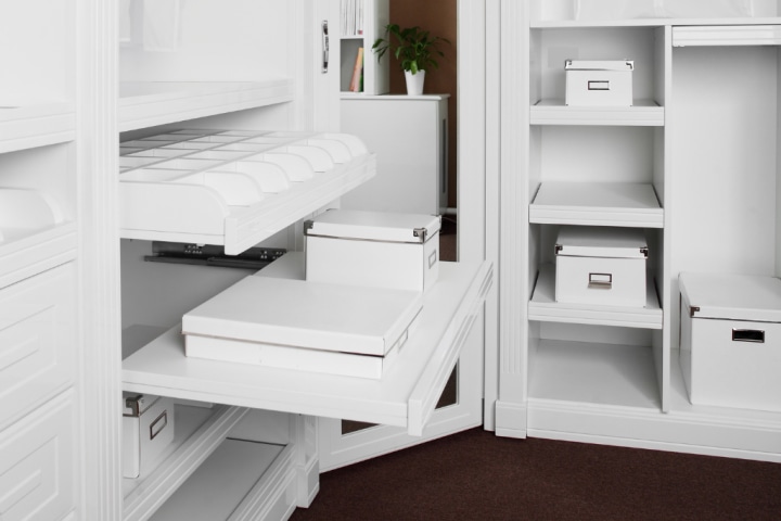 white gliding shelves for built-in closet ideas