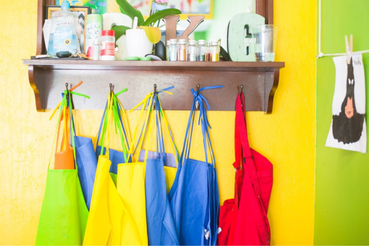 Shelves with colorful apron for children