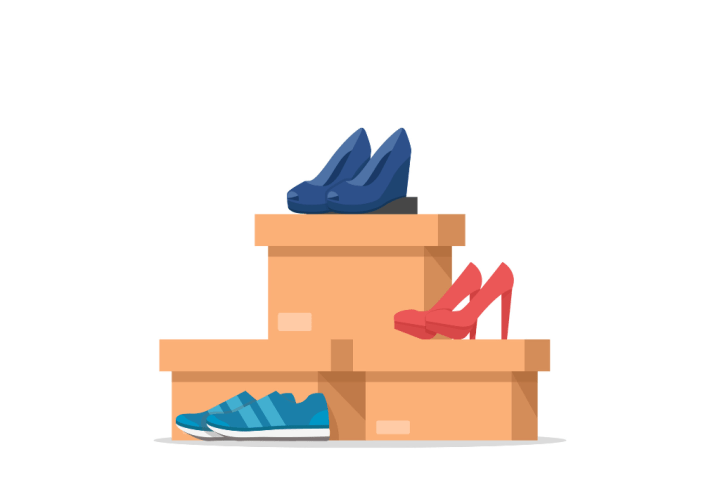 Illustration of brown closed shoe boxes, each with a pair of shoes near it