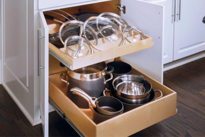 Glide-out shelves, pots and pans storage