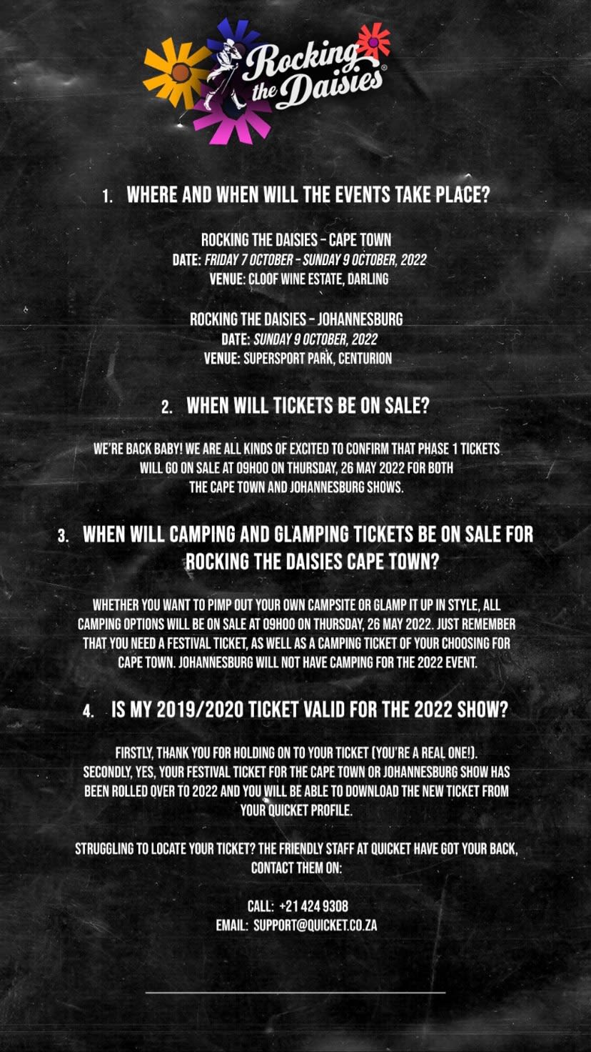Rocking the Daisies Returns After 2 Years (CPT & JHB) Shelflife