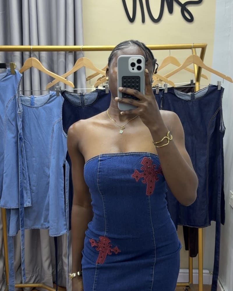 Strapless ➕ Embroidery Denim Gown