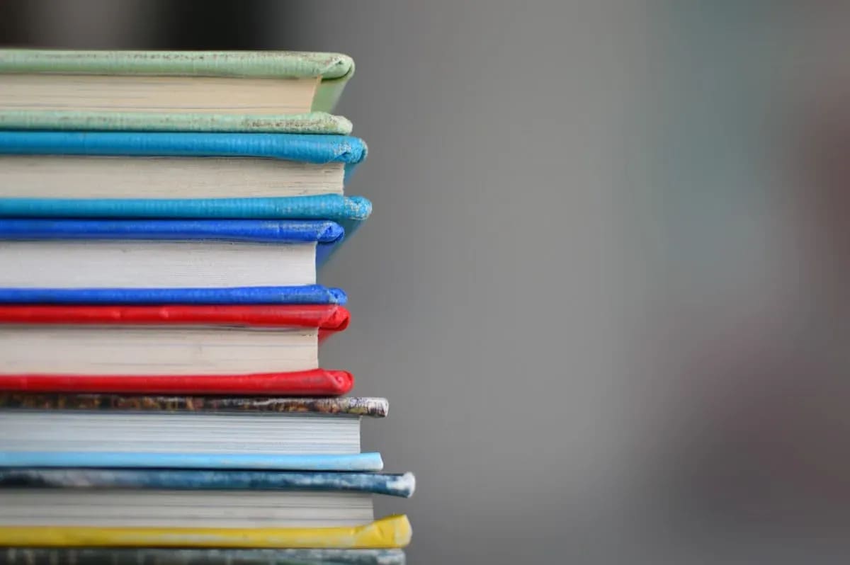 A shelf of stacked school textbooks