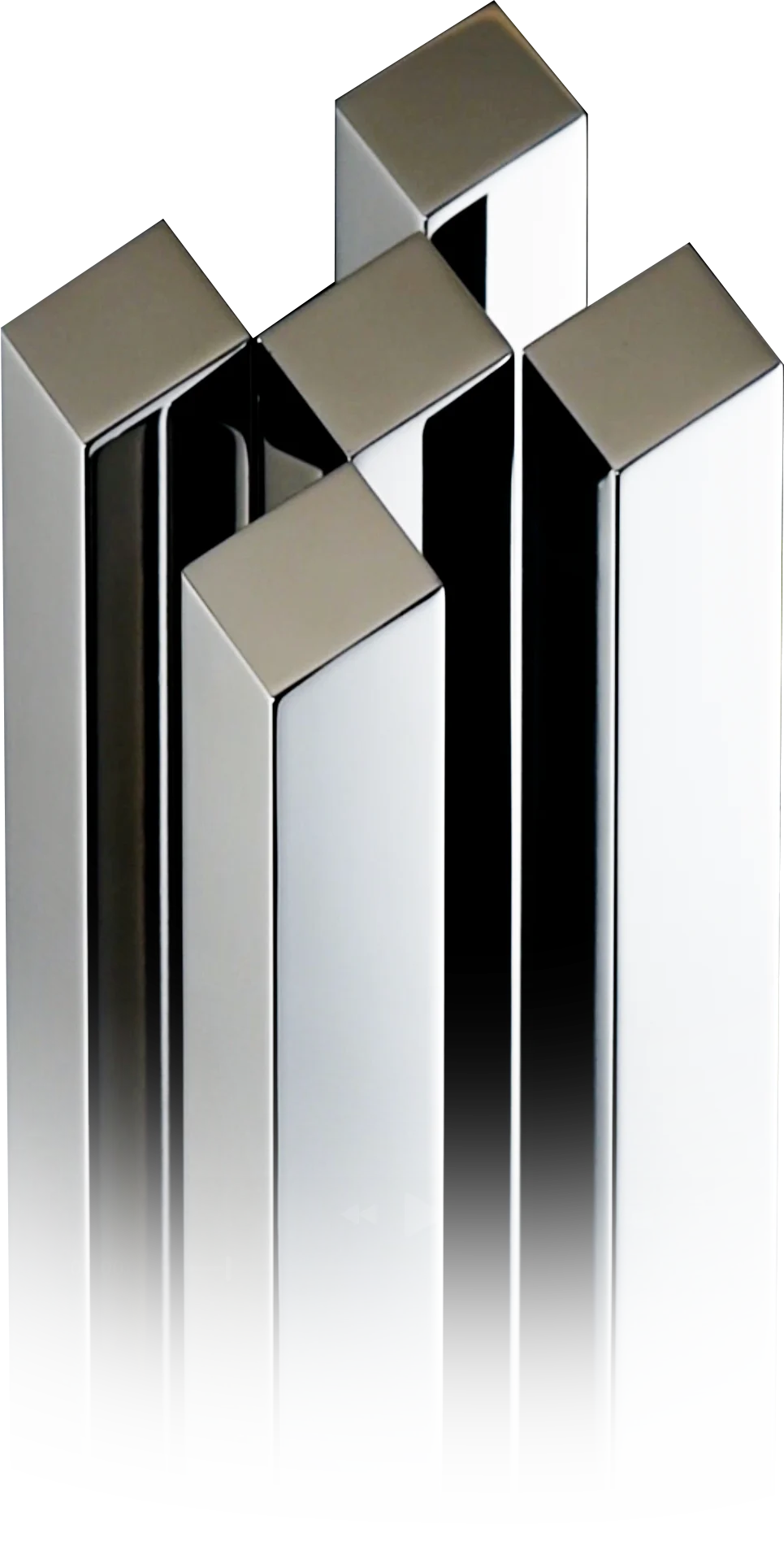 the The Shingo Prize trophy. Five square platinum pillars extending upwards and cut at an angle to reveal a diamond shape on the top.