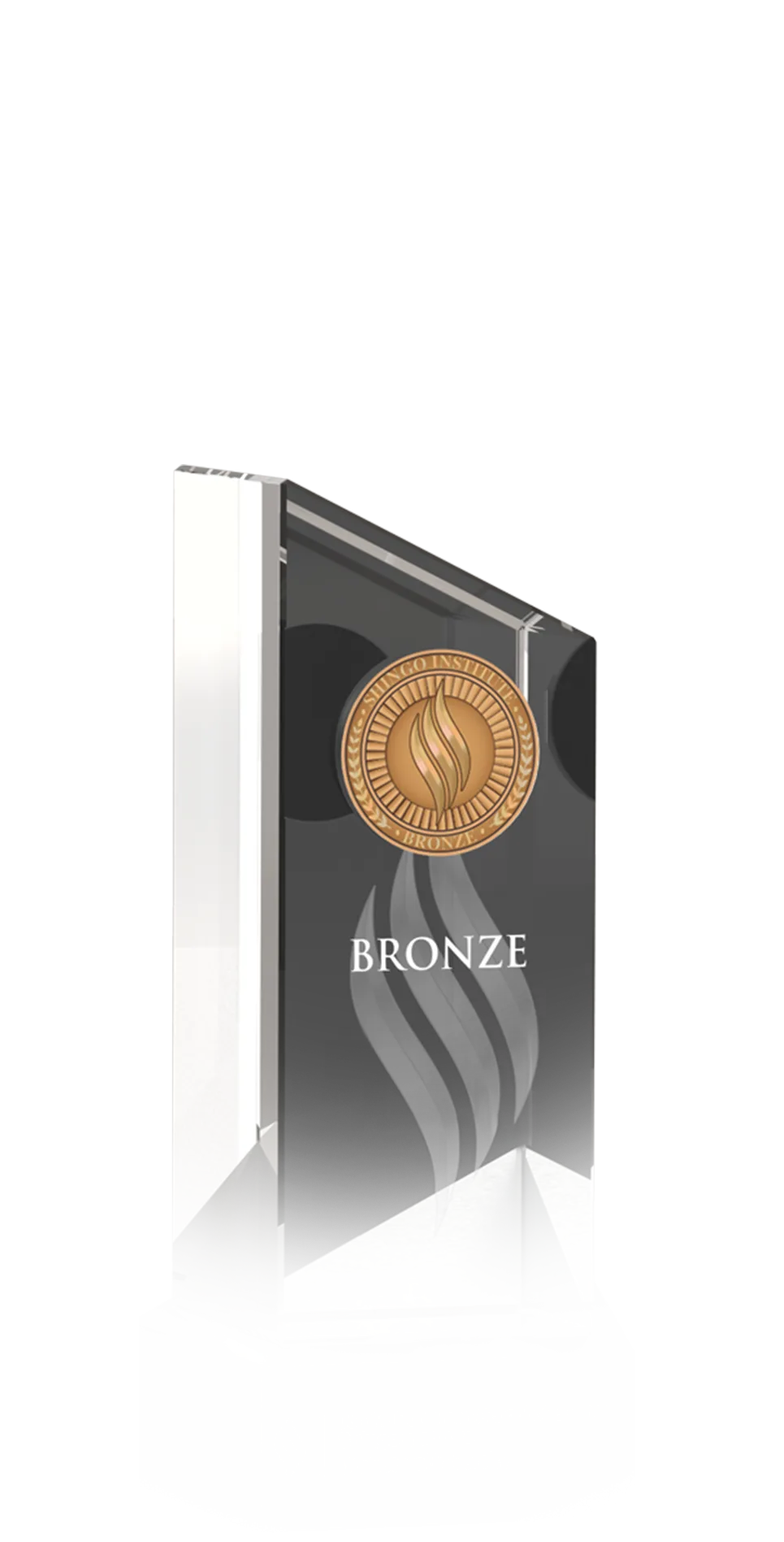 the A shining angular glass trophy with a round bronze medal in the center.