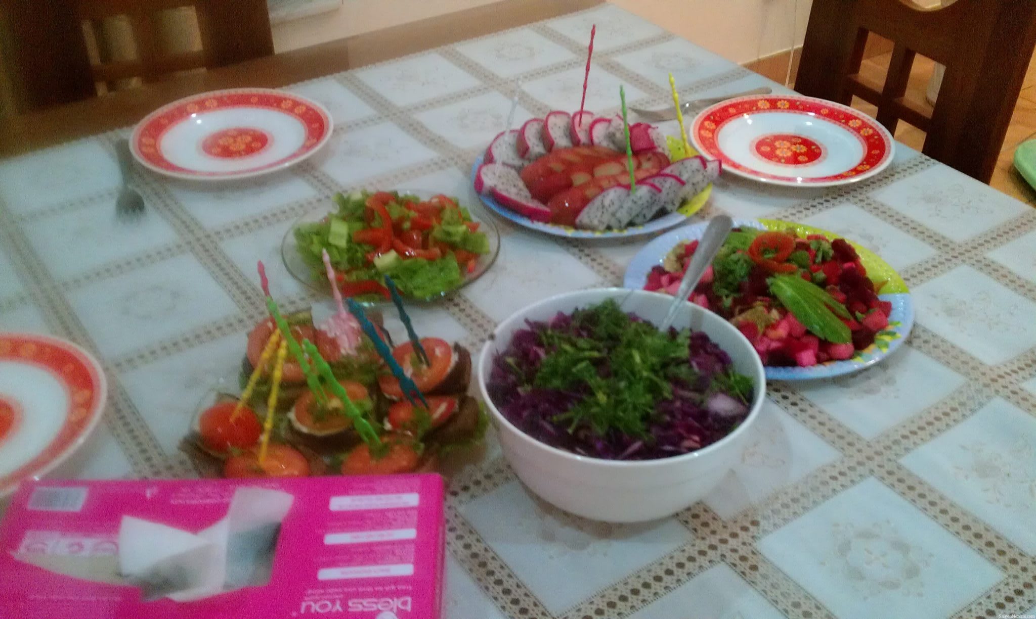 Vietnamese/Kazakh fusion salads and fruits