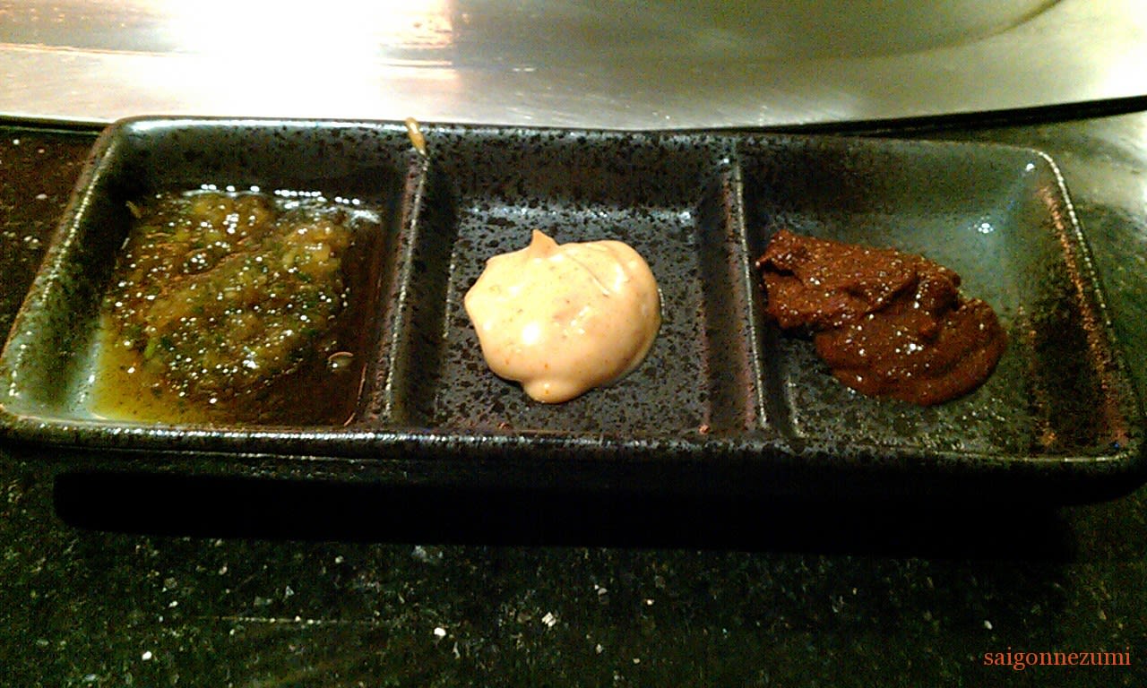 Sauces for our food, the right was very spicy