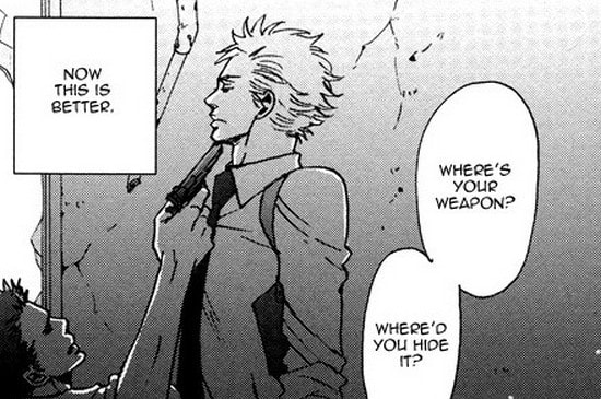 One man points a gun at another. Narration text reads 'Now this is better'.