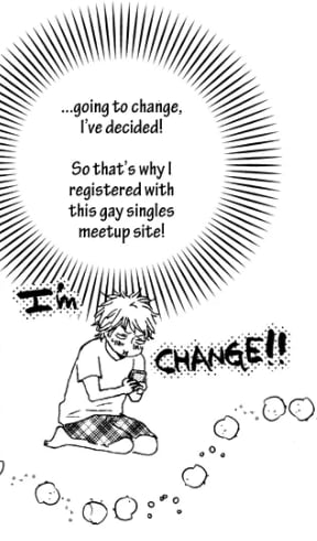Hiriki grips his cell phone tightly out of anxiety. Text reading 'I'm change!' figures prominently in the background.