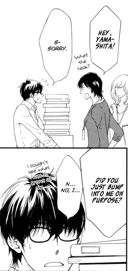 Yamashita and two coworkers, one of whom is accusing Yamashita of bumping into her.