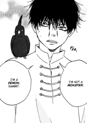 Endo explains that he's not a monster but a demon while Mark, a black bird, sits on his shoulder.