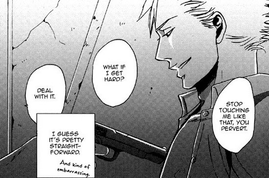 'Stop touching me like that, you pervert. What if I get hard?' 'Deal with it.'