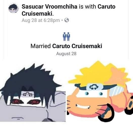 Facebook screenshot showing the marriage of two Naruto and Disney-Pixar Cars cross-over roleplay accounts.