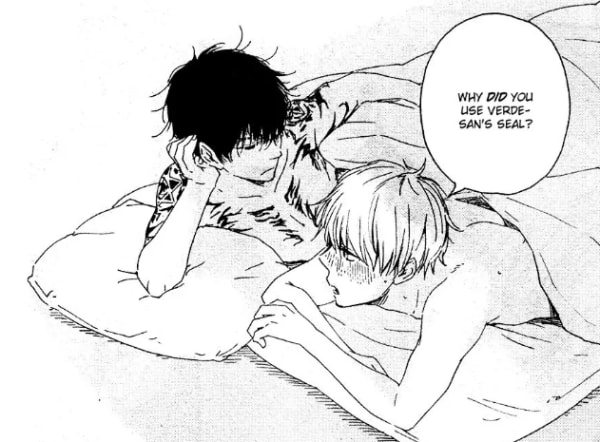 Endo and Hiriki lie down together in their futon. Hiriki asks why Endo used Verde's seal.