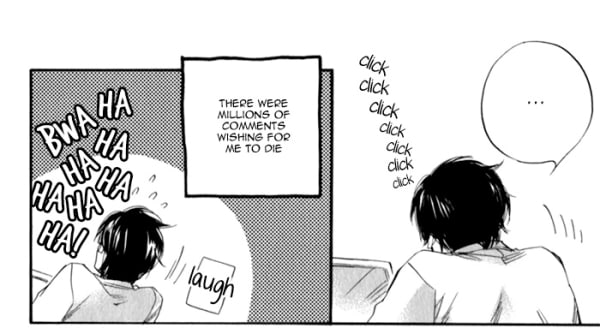Shio hunches forward to investigate his computer screen and then leans back in his char and laughs.