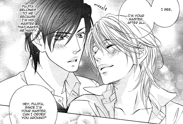 Midori nuzzles Fujita and asks if being his master means he can order him around.