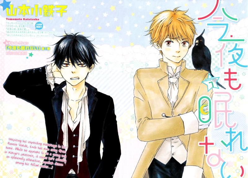 Color illustration of Endo and Hiriki in formal wear. Mark sits in his bird form on Hiriki's shoulder.