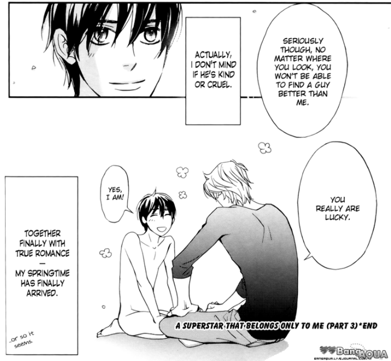 Asazaki tells Yamashita that he's lucky to have him as his boyfriend while they sit on the floor.
