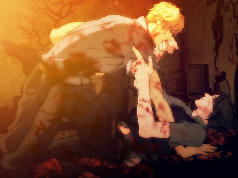 Tetsuo and Youji embrace on Youji's bed.