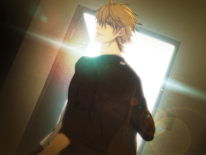 Tetsuo looks back and smiles at Youji as he leaves their apartment.