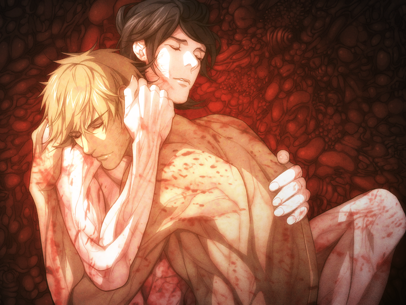 Youji and Tetsuo embrace as meat monsters take over the whole room.