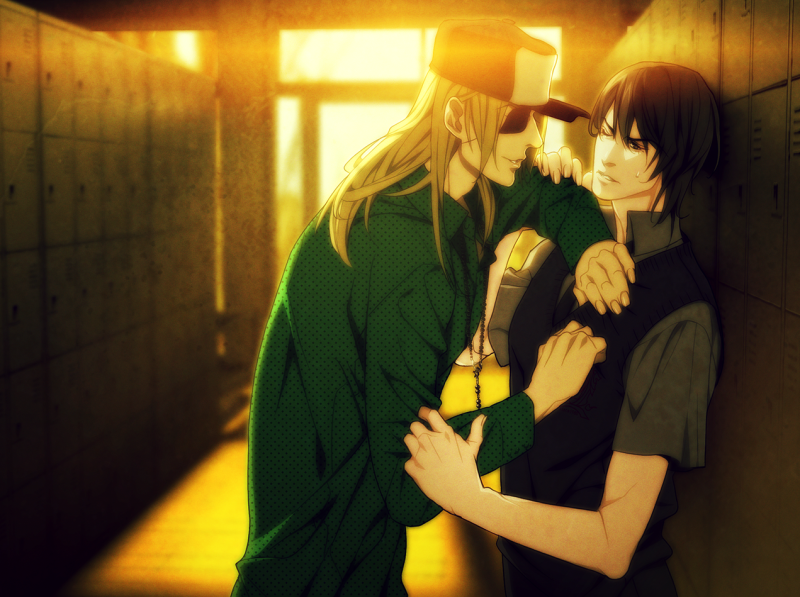 Zenya pins Youji against the school shoe lockers.